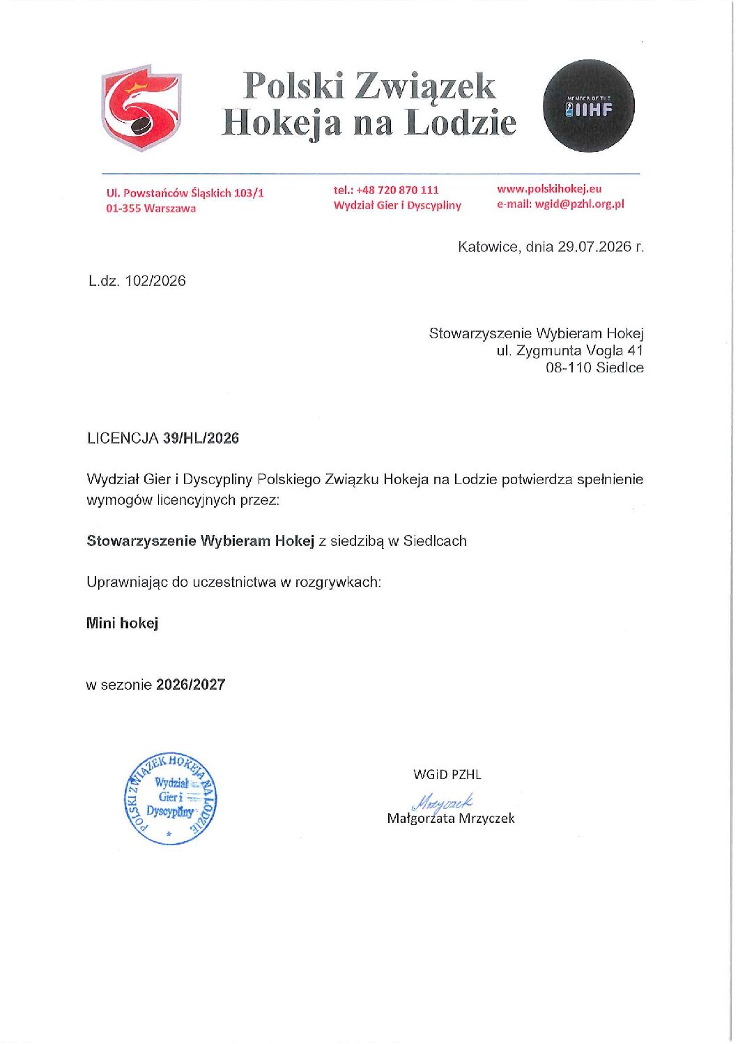 Licencja PZHL nr 39/HL/2026 dla Stowarzyszenia Wybieram Hokej — Mini hokej, sezon 2026/2027